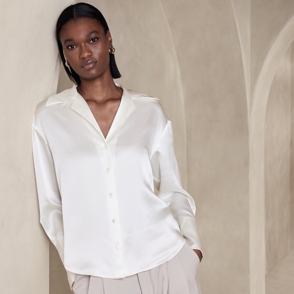 Banana Republic Tops - New! Banana Republic Luxurious 100% Silk Shirt, Winter White, Size XL